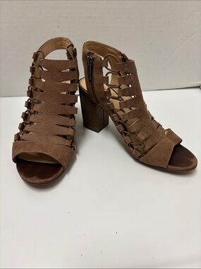 Vince Camuto Tan Suede Caged Block Heel Sandals Size 6M